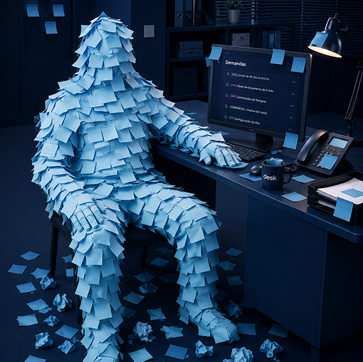Profissional sobrecarregado, coberto por post-its diante de uma estação de trabalho